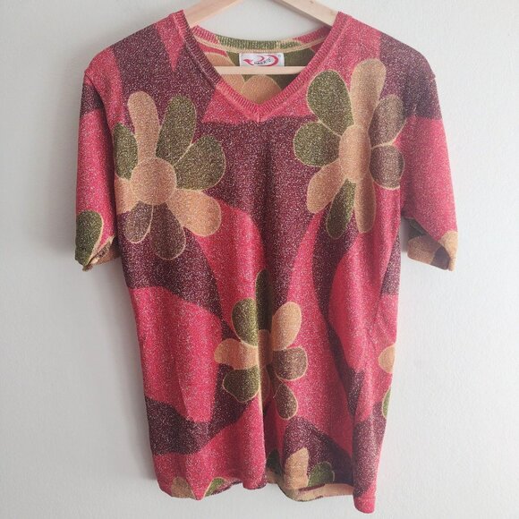Maierte Tops - Vintage 90s Maierte Metallic Floral Top M Psychedelic Baby Tee Y2K